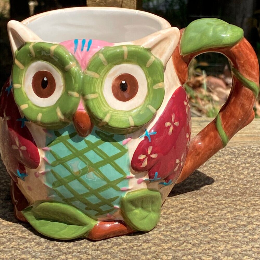 Pier One Imports Olli the Owl Bright Coffee Mug Hand Painted Dolomite Oversized - Picture 6 of 12